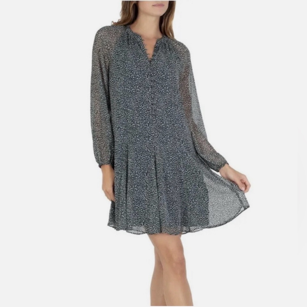 JOIE Green & White Arctic Animal Print Chiffon Balloon Sleeve Dress size Large